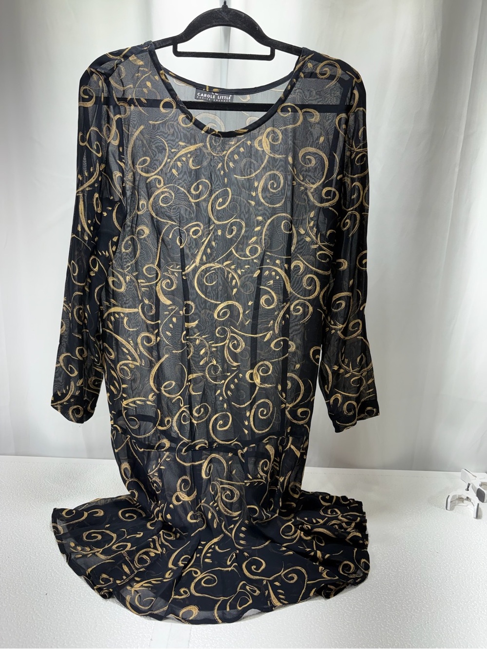 Carole Little Black and Gold Swirl-Print Sheer Long Sleeve Dress 4389